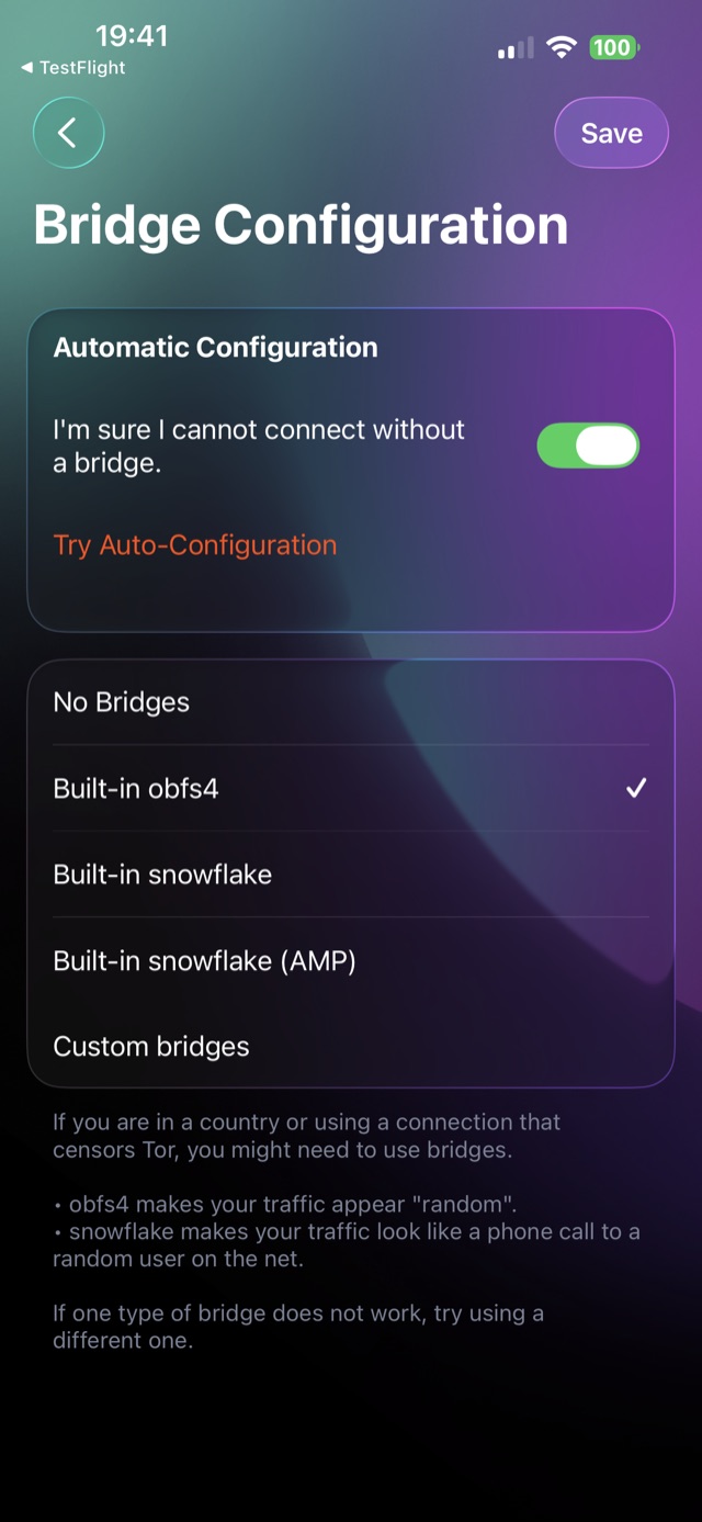 Bridge configuration: built-in obfs4, snowflake and snowflake AMP options