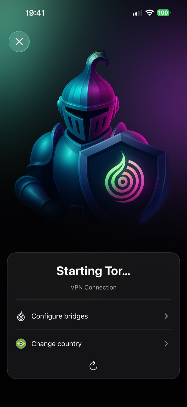 Onion Knight connecting through Tor, with Configure bridges and Change country options