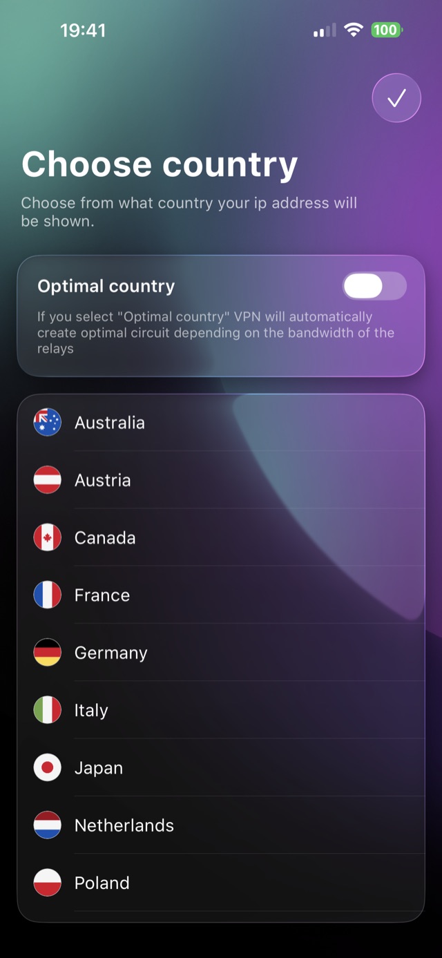 Choose country screen for the VPN exit, with an Optimal country option