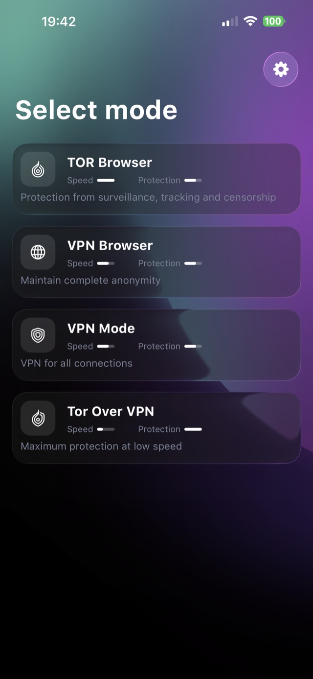 Select mode screen: TOR Browser, VPN Browser, VPN Mode and Tor Over VPN with speed and protection meters